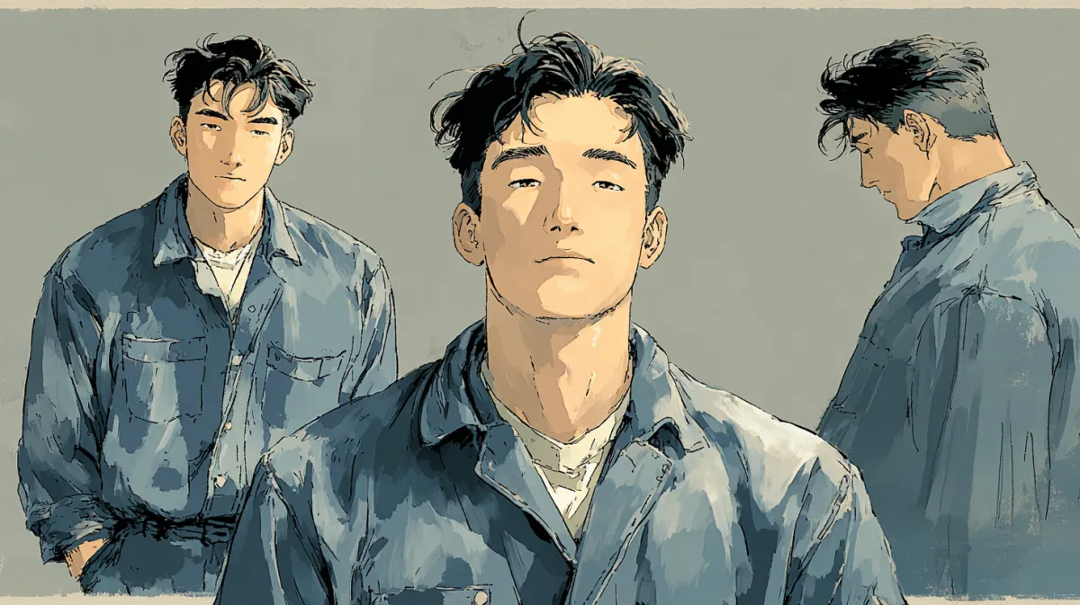봉식의 캐릭터 기준 이미지. 정면과 측면, 4분의 3 각도의 세 모습.