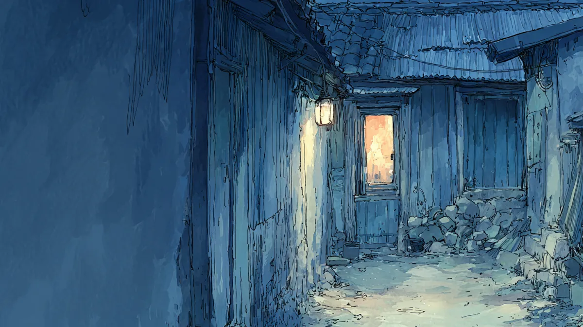 씬 1 첫 컷. 1960년대 한국의 밤 골목, 멀리 창 하나만 따뜻하게 빛납니다.