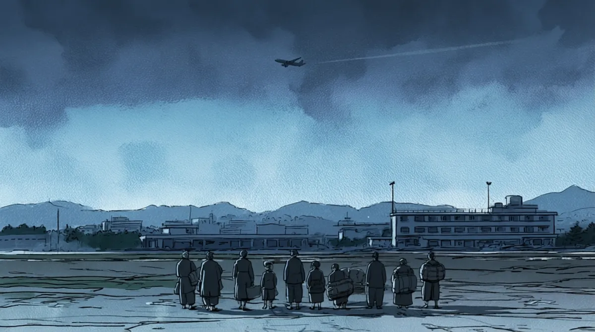 씬 2 첫 컷. 새벽 김포공항, 보따리를 든 사람들이 줄지어 서 있습니다.