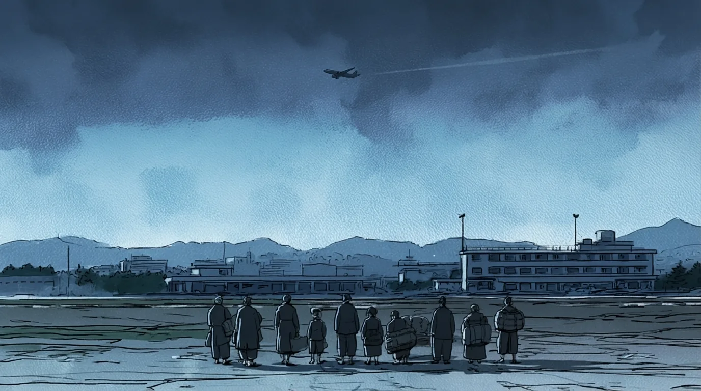 씬 2 김포공항. 파견단이 새벽 활주로 앞에 줄지어 서 있습니다.