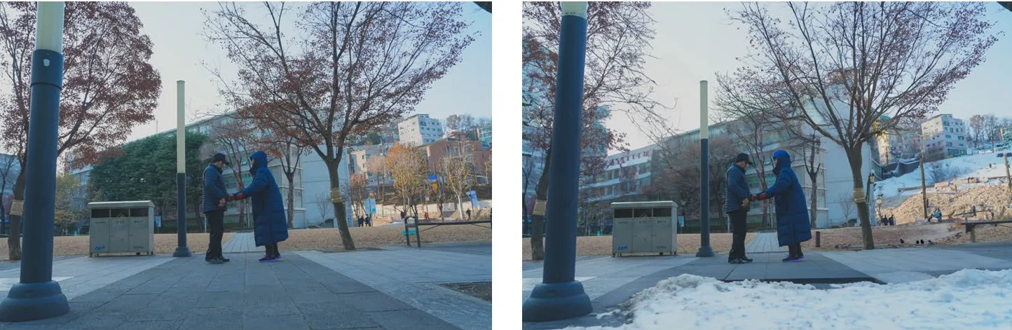 같은 캠퍼스 장면의 원본과, 인페인팅으로 눈을 생성한 겨울 버전 비교.