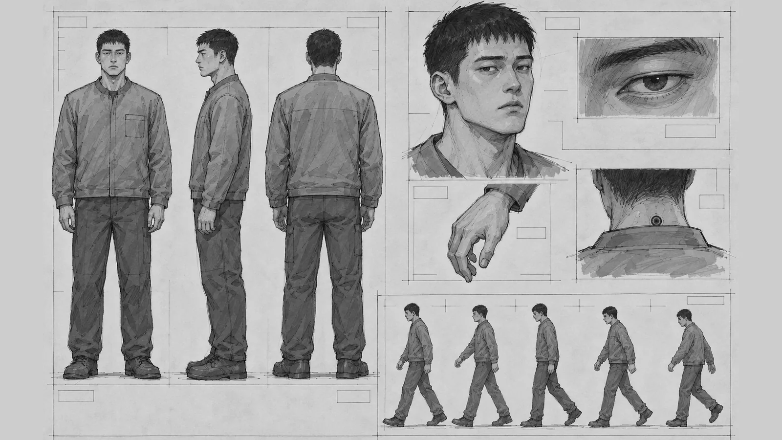 가상의 인물을 같은 구성으로 새로 그린 캐릭터 시트. 전신 3면, 얼굴과 눈 클로즈업, 작은 목 뒤 단자, 손과 걸음 동작이 있습니다.