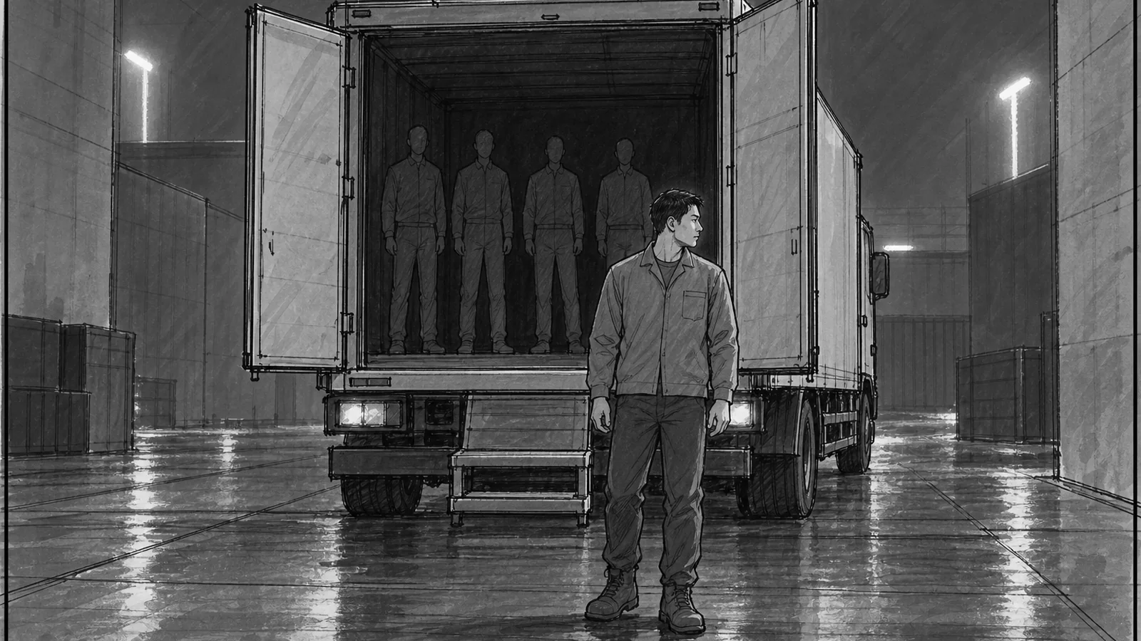 러프 스케치를 발전시킨 밤의 하역장 장면. 열린 트럭 짐칸의 휴머노이드들 앞에서 내려온 한 인물이 멈춰 오른쪽을 돌아봅니다.
