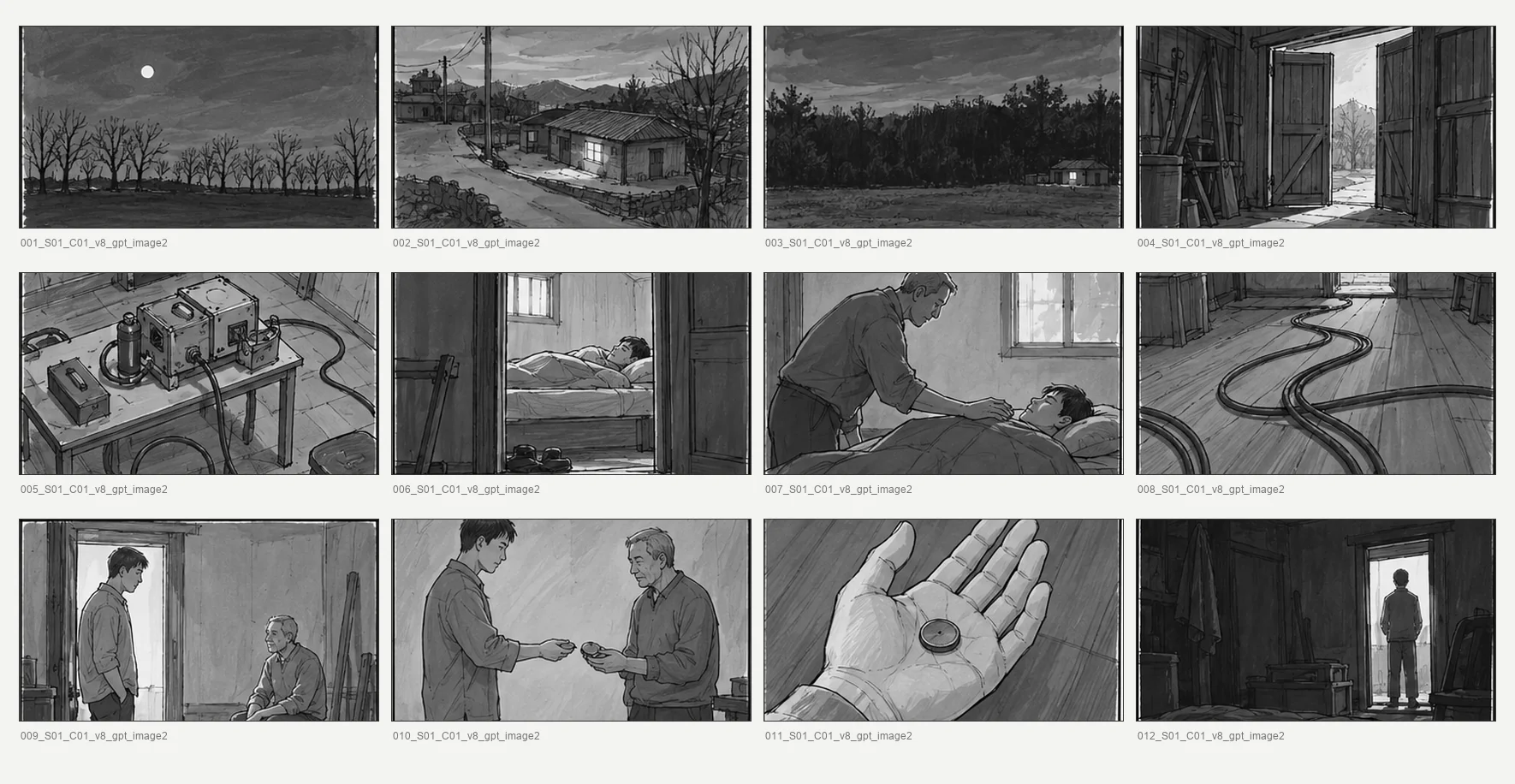 스타일 레퍼런스 팩을 새로 그린 컨택시트. 가상 파일명이 붙은 콘티 프레임 12장이 연필·마커 톤으로 3행 4열에 정렬돼 있습니다.